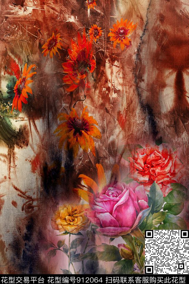 大花花卉中国风数码印花华亿平台下载（图片编号: 912064） - 瓦栏（Walan）