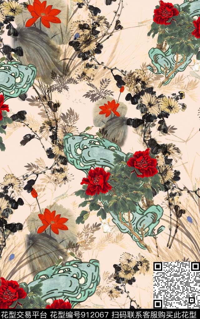 水墨风国画中国风数码印花华亿平台下载（图片编号: 912067） - 瓦栏（Walan）