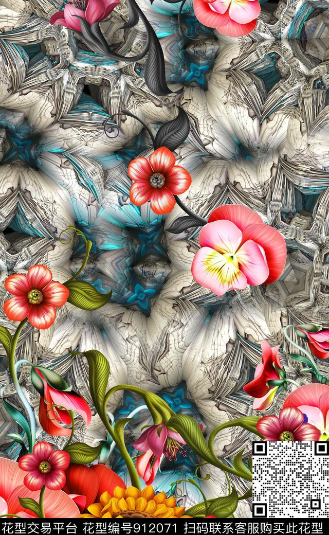 大花民族风水彩花卉数码印花华亿平台下载（图片编号: 912071） - 瓦栏（Walan）