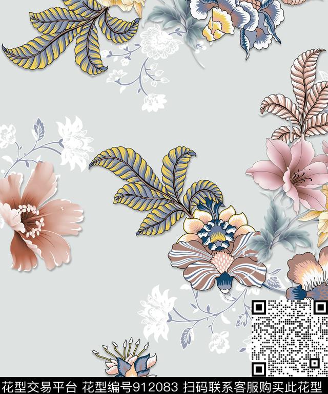 花卉沙发布清爽底色花数码印花华亿平台下载（图片编号: 912083） - 瓦栏（Walan）