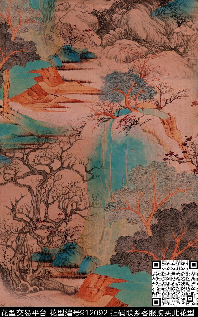 水墨风中国风国画数码印花华亿平台下载（图片编号: 912092） - 瓦栏（Walan）