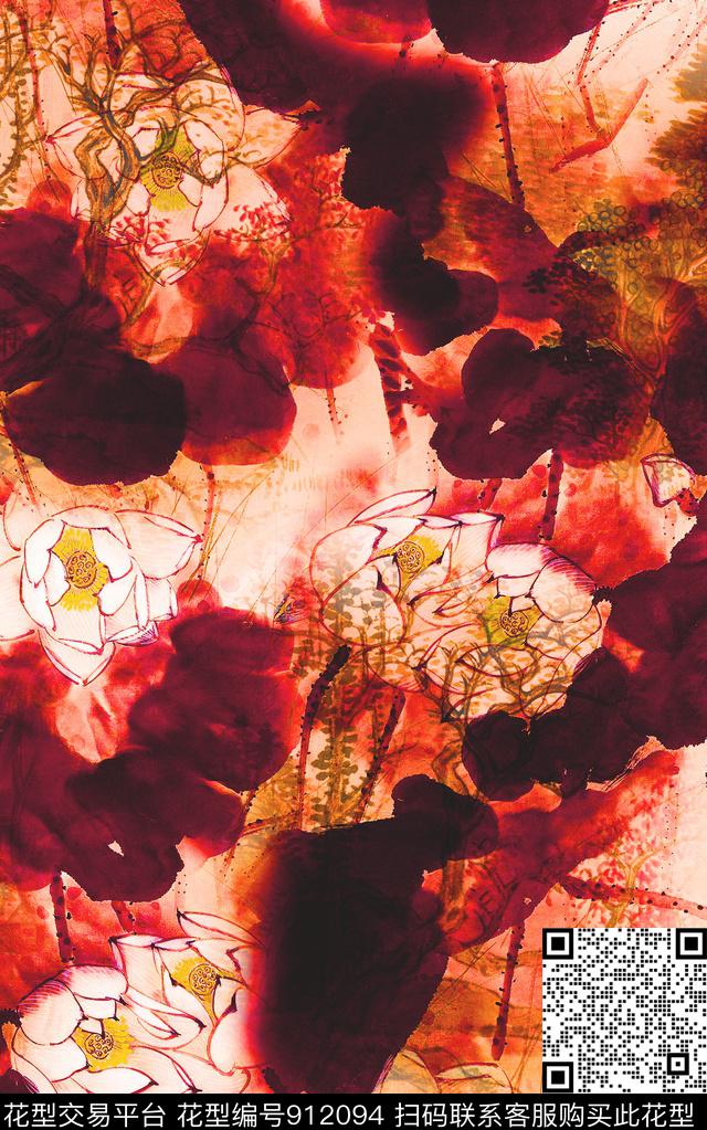 水墨风中国风定位花中国风数码印花华亿平台下载（图片编号: 912094） - 瓦栏（Walan）