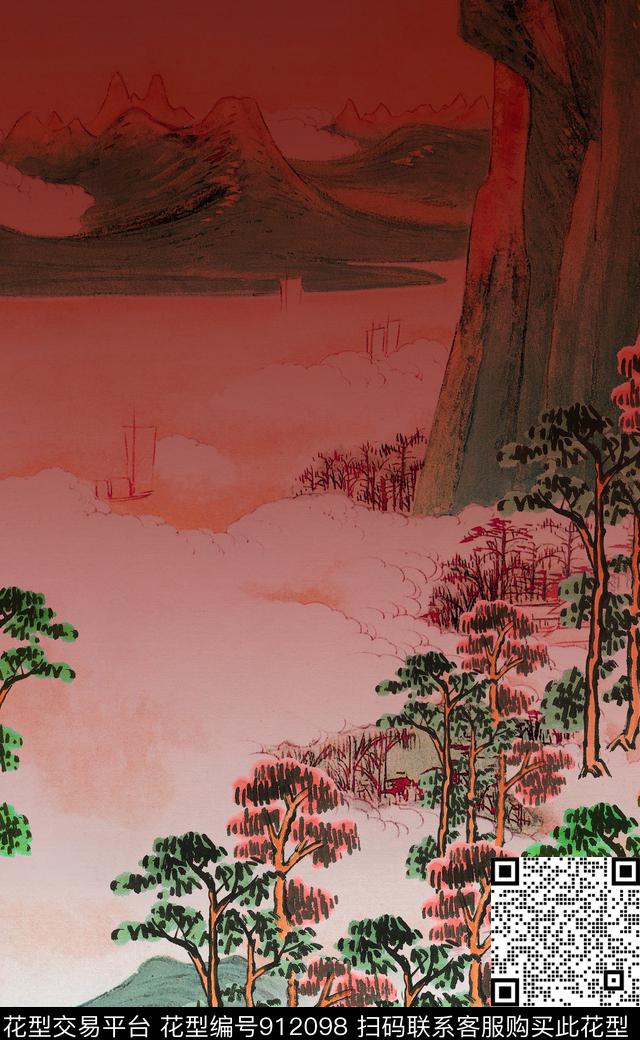 水墨风中国风定位花中国风数码印花华亿平台下载（图片编号: 912098） - 瓦栏（Walan）
