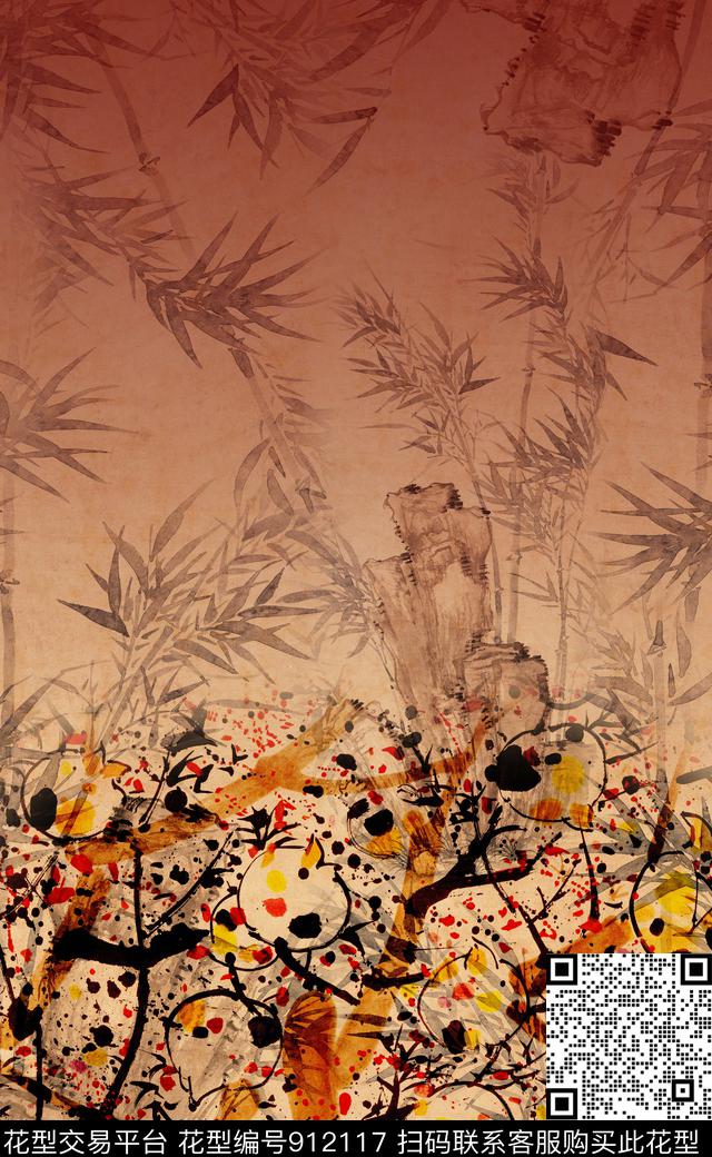 水墨风中国风定位花中国风数码印花华亿平台下载（图片编号: 912117） - 瓦栏（Walan）