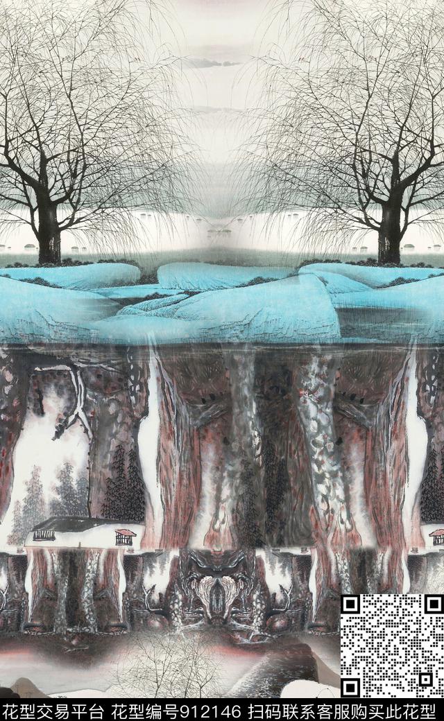 水墨风中国风定位花中国风数码印花华亿平台下载（图片编号: 912146） - 瓦栏（Walan）