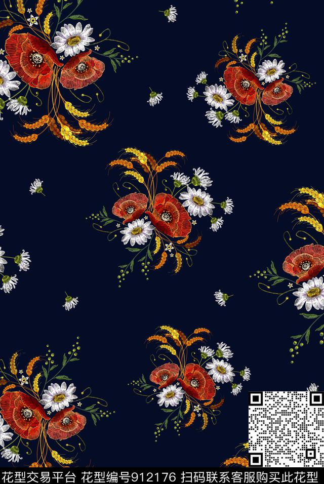 花卉女装清爽底色花数码印花华亿平台下载（图片编号: 912176） - 瓦栏（Walan）