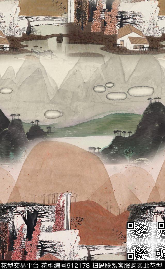 水墨风中国风定位花中国风数码印花华亿平台下载（图片编号: 912178） - 瓦栏（Walan）