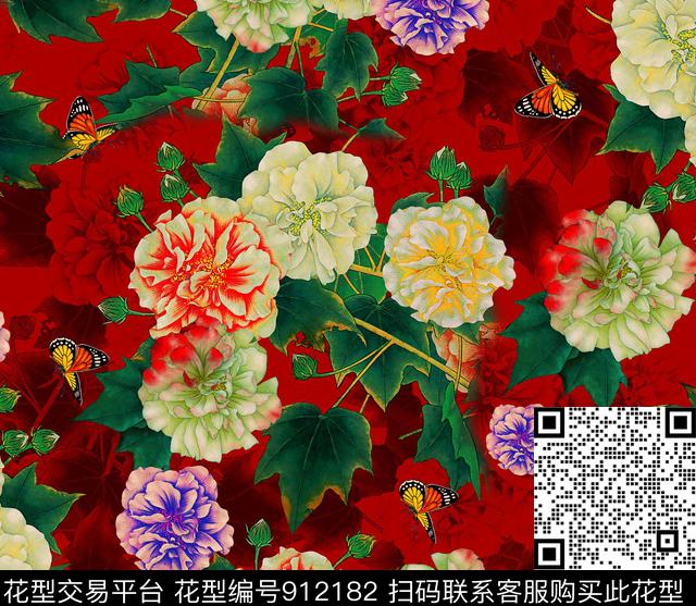 花卉蝴蝶中国风数码印花华亿平台下载（图片编号: 912182） - 瓦栏（Walan）