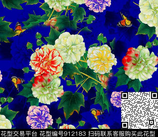 花卉蝴蝶中国风数码印花华亿平台下载（图片编号: 912183） - 瓦栏（Walan）