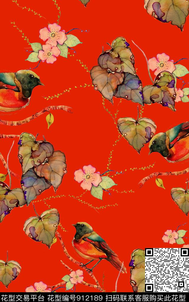 水彩花卉鸟小碎花数码印花华亿平台下载（图片编号: 912189） - 瓦栏（Walan）