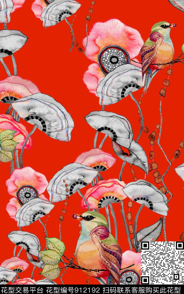 水彩花卉小碎花大红数码印花华亿平台下载（图片编号: 912192） - 瓦栏（Walan）