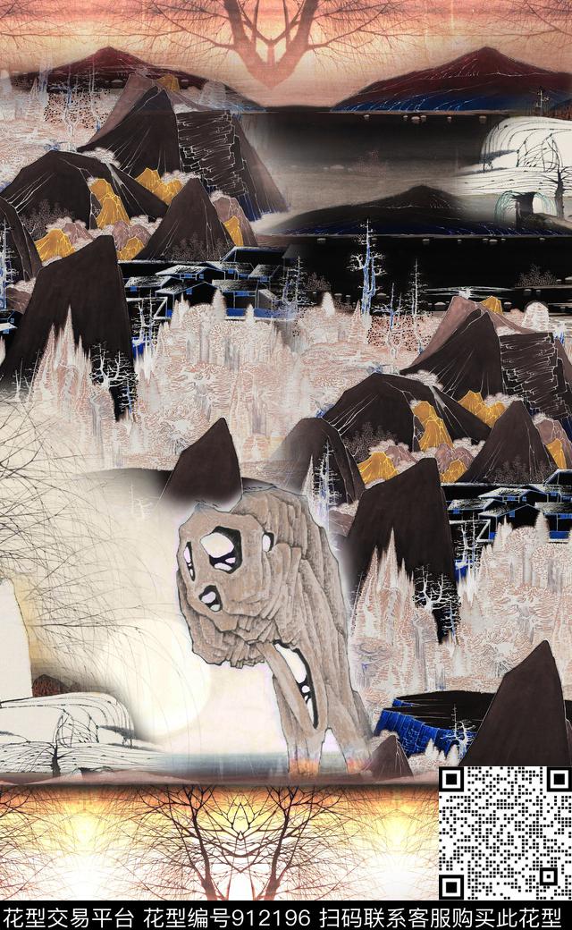水墨风中国风定位花中国风数码印花华亿平台下载（图片编号: 912196） - 瓦栏（Walan）