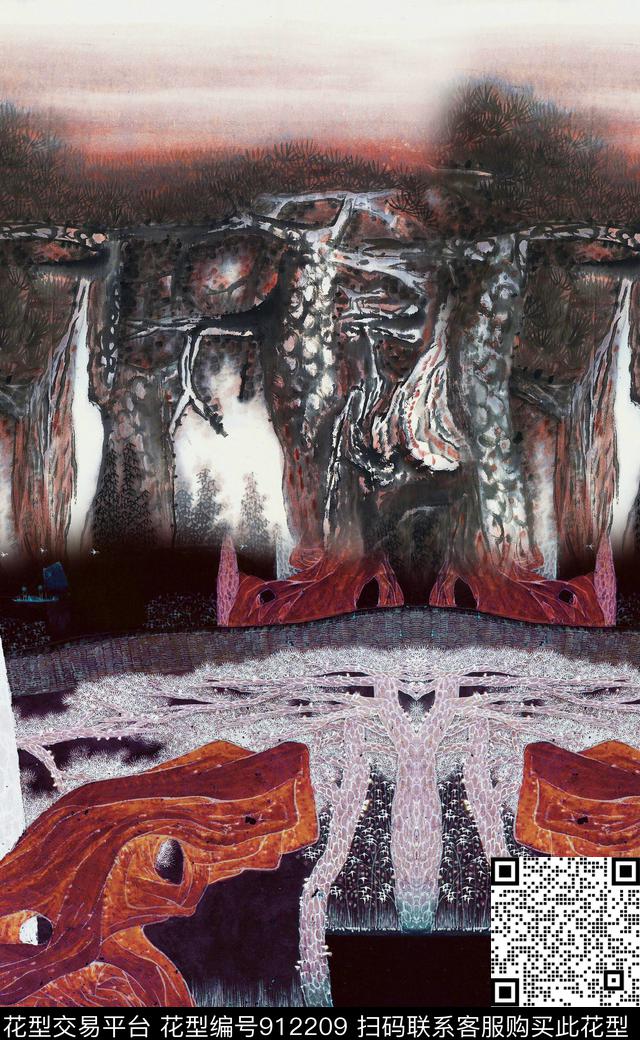 水墨风中国风定位花中国风数码印花华亿平台下载（图片编号: 912209） - 瓦栏（Walan）