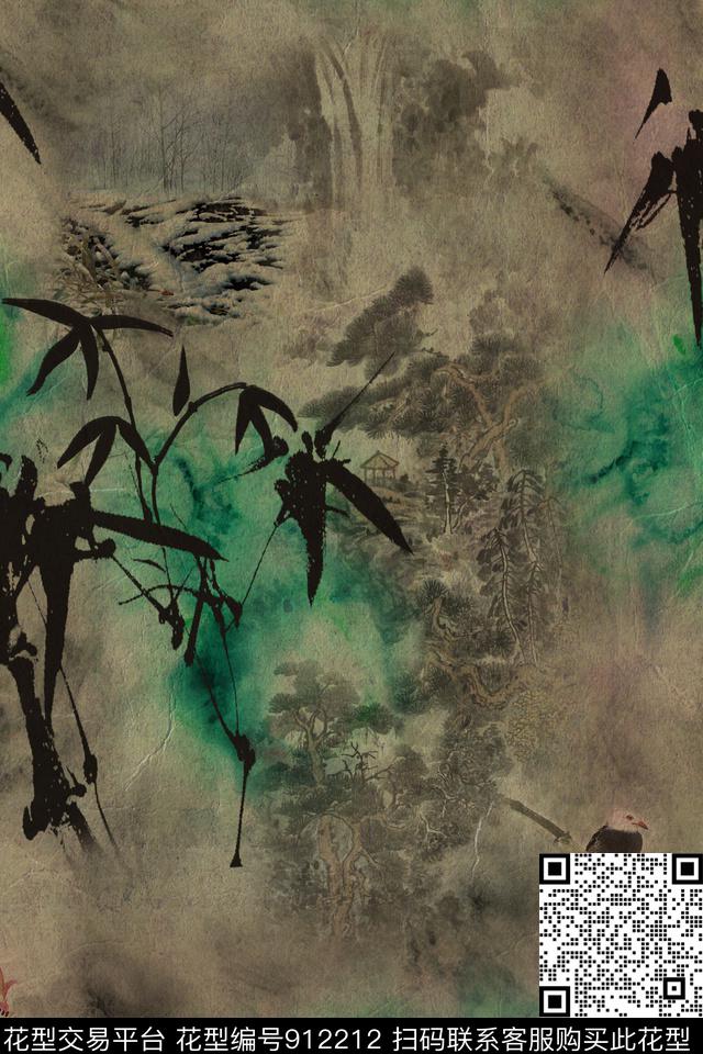 竹子中国风水墨风数码印花华亿平台下载（图片编号: 912212） - 瓦栏（Walan）