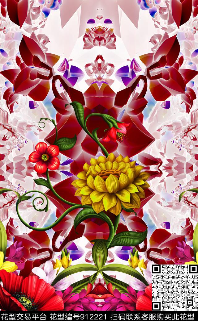 手绘花卉数码定位花大花数码印花华亿平台下载（图片编号: 912221） - 瓦栏（Walan）