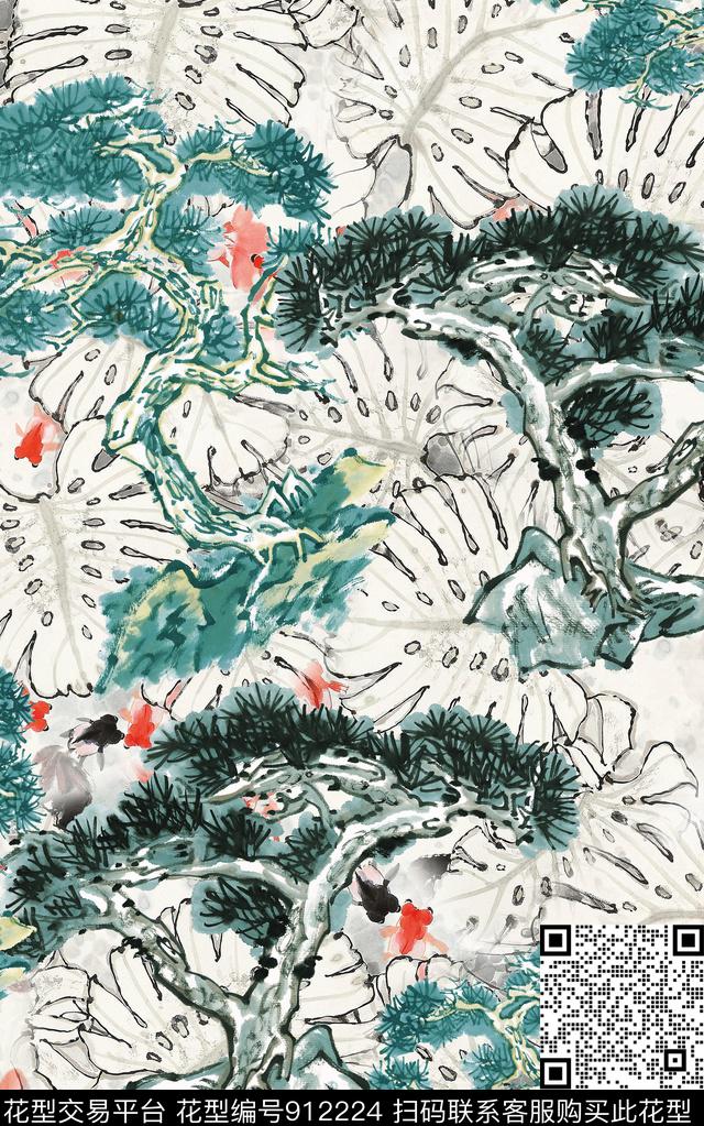 抽象中国风水墨风数码印花华亿平台下载（图片编号: 912224） - 瓦栏（Walan）