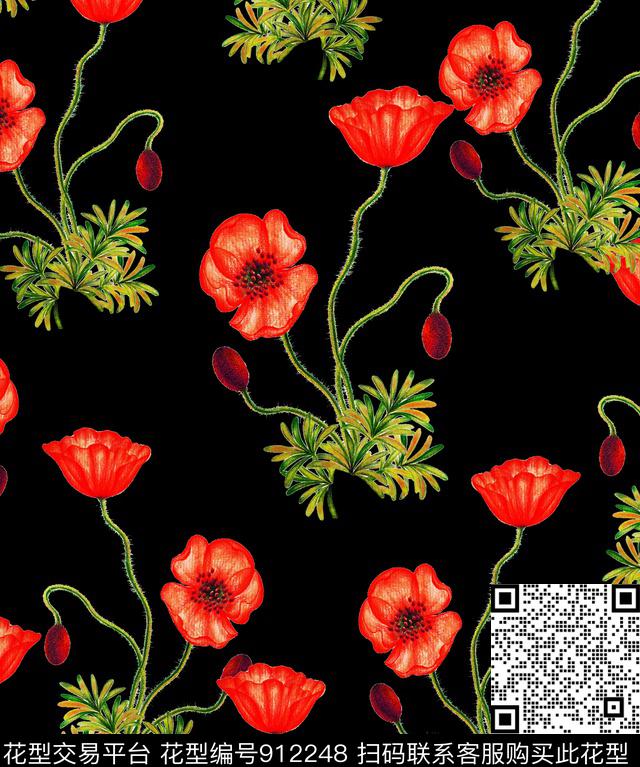 虞美人大花花卉数码印花华亿平台下载（图片编号: 912248） - 瓦栏（Walan）