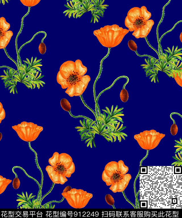 虞美人大花花卉数码印花华亿平台下载（图片编号: 912249） - 瓦栏（Walan）