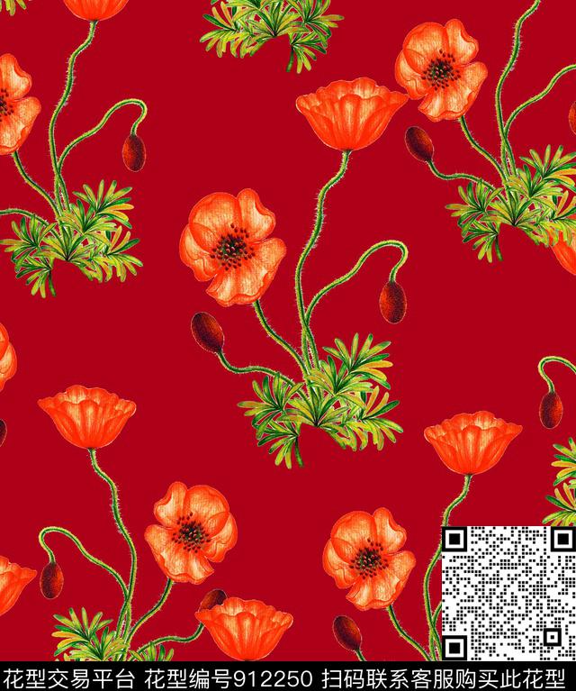 虞美人大花花卉数码印花华亿平台下载（图片编号: 912250） - 瓦栏（Walan）