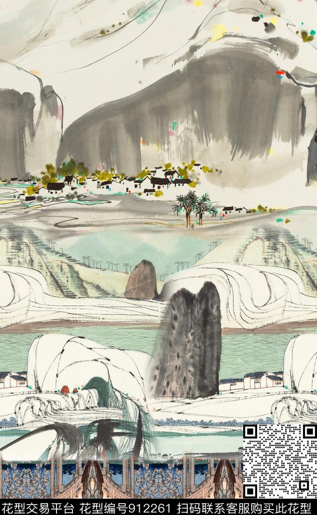 中国风定位花抽象国画数码印花华亿平台下载（图片编号: 912261） - 瓦栏（Walan）