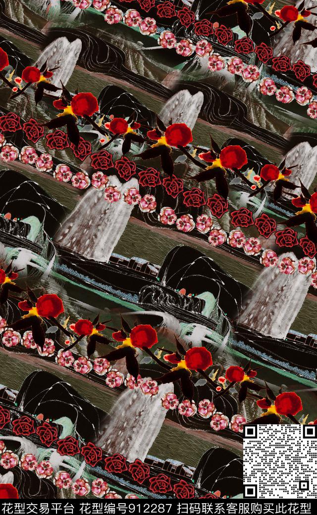 水彩花卉中国风定位花国画数码印花华亿平台下载（图片编号: 912287） - 瓦栏（Walan）