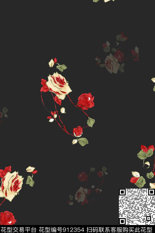 手绘花卉黑底花卉抽象花卉数码印花华亿平台下载（图片编号: 912354） - 瓦栏（Walan）
