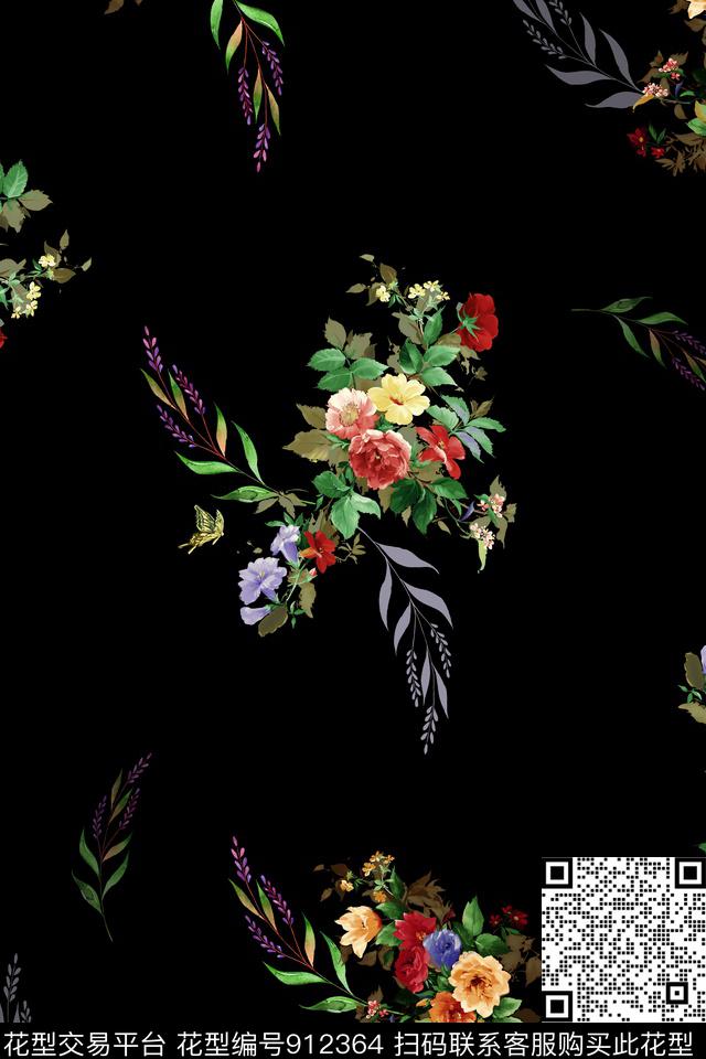 黑底花卉休闲手绘花卉数码印花华亿平台下载（图片编号: 912364） - 瓦栏（Walan）