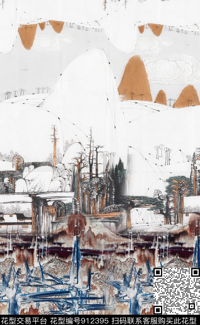 水墨风中国风定位花中国风数码印花华亿平台下载（图片编号: 912395） - 瓦栏（Walan）