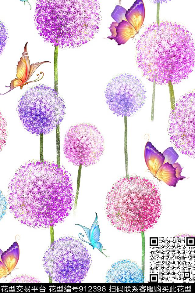 蒲公英蝴蝶清爽底色花数码印花华亿平台下载（图片编号: 912396） - 瓦栏（Walan）