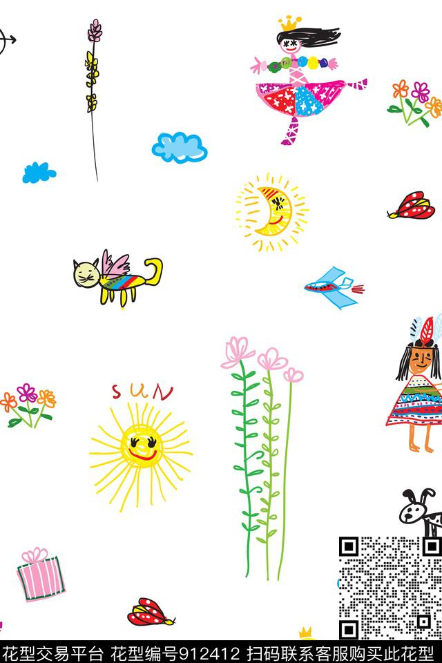 趣味可爱涂鸦数码印花华亿平台下载（图片编号: 912412） - 瓦栏（Walan）