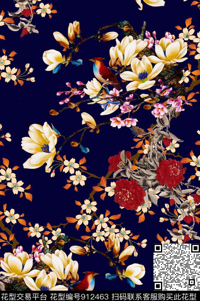 中国风玉兰花梅花数码印花华亿平台下载（图片编号: 912463） - 瓦栏（Walan）