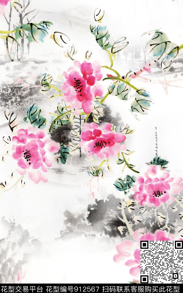 牡丹国画中国风数码印花华亿平台下载（图片编号: 912567） - 瓦栏（Walan）