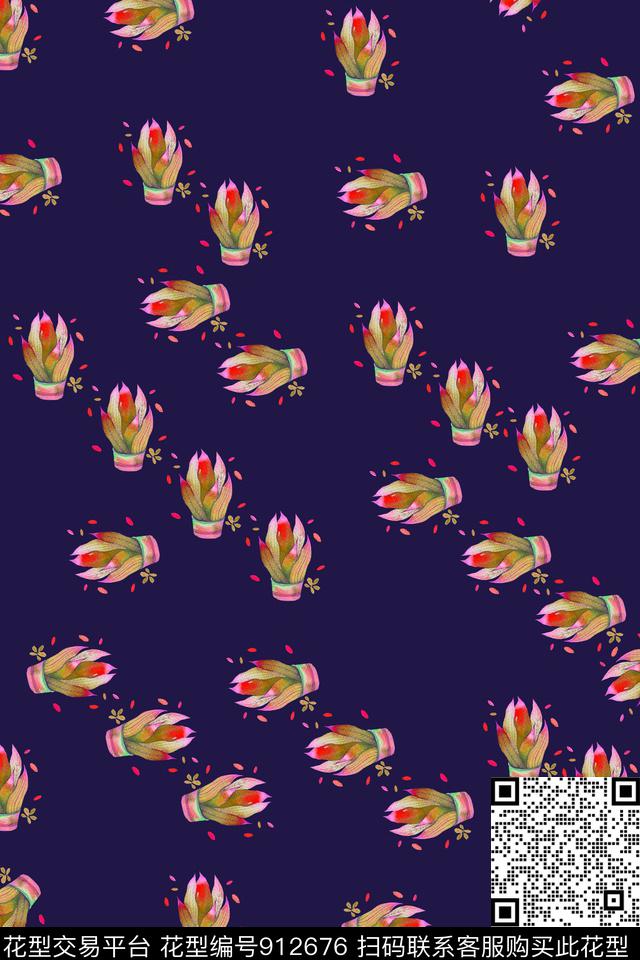 水彩花卉趣味植物盆栽数码印花华亿平台下载（图片编号: 912676） - 瓦栏（Walan）