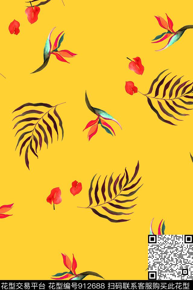 水彩花卉绿植树叶活力数码印花华亿平台下载（图片编号: 912688） - 瓦栏（Walan）