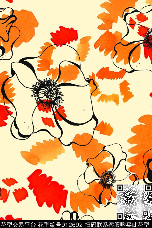 手绘花卉彩底花卉笔触数码印花华亿平台下载（图片编号: 912692） - 瓦栏（Walan）