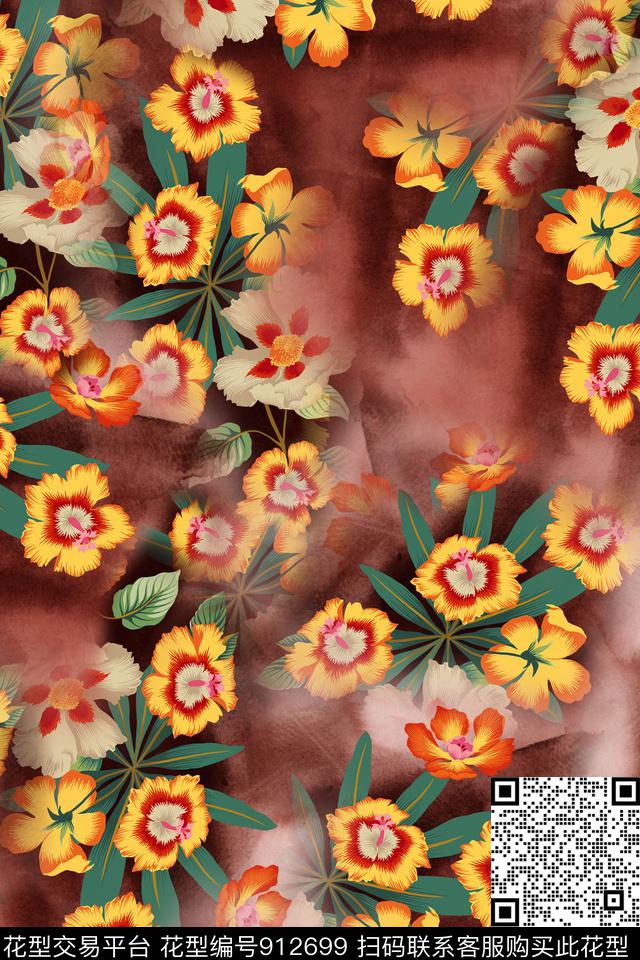 手绘花卉朦胧花卉炫彩数码印花华亿平台下载（图片编号: 912699） - 瓦栏（Walan）
