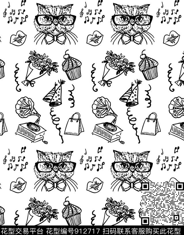 猫黑白插画传统印花华亿平台下载（图片编号: 912717） - 瓦栏（Walan）