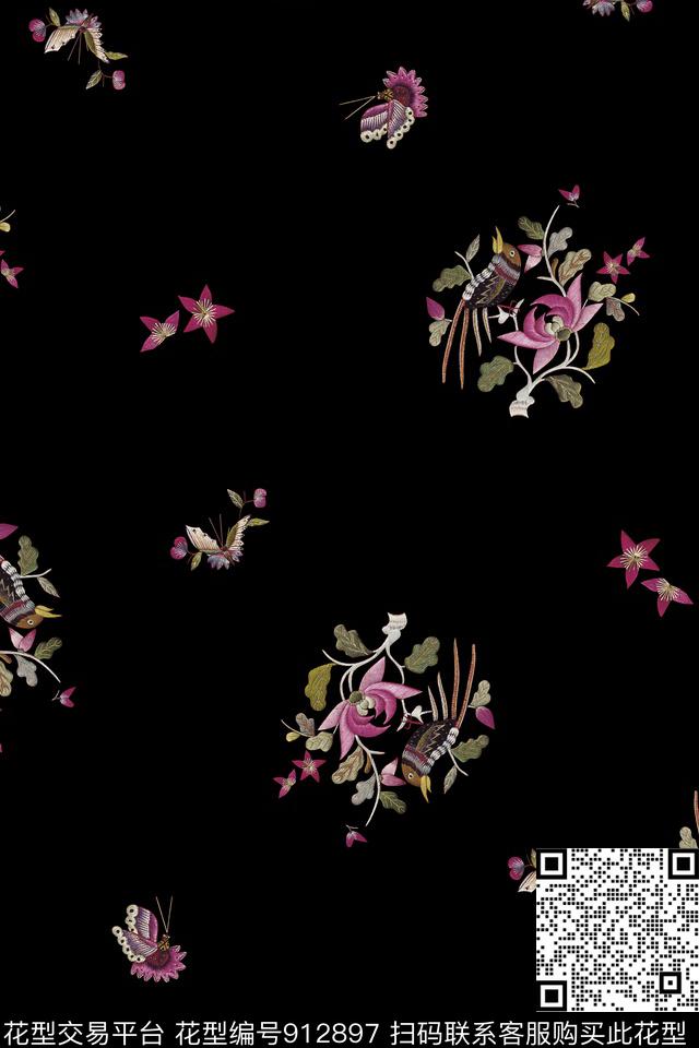 花卉蝴蝶小碎花数码印花华亿平台下载（图片编号: 912897） - 瓦栏（Walan）