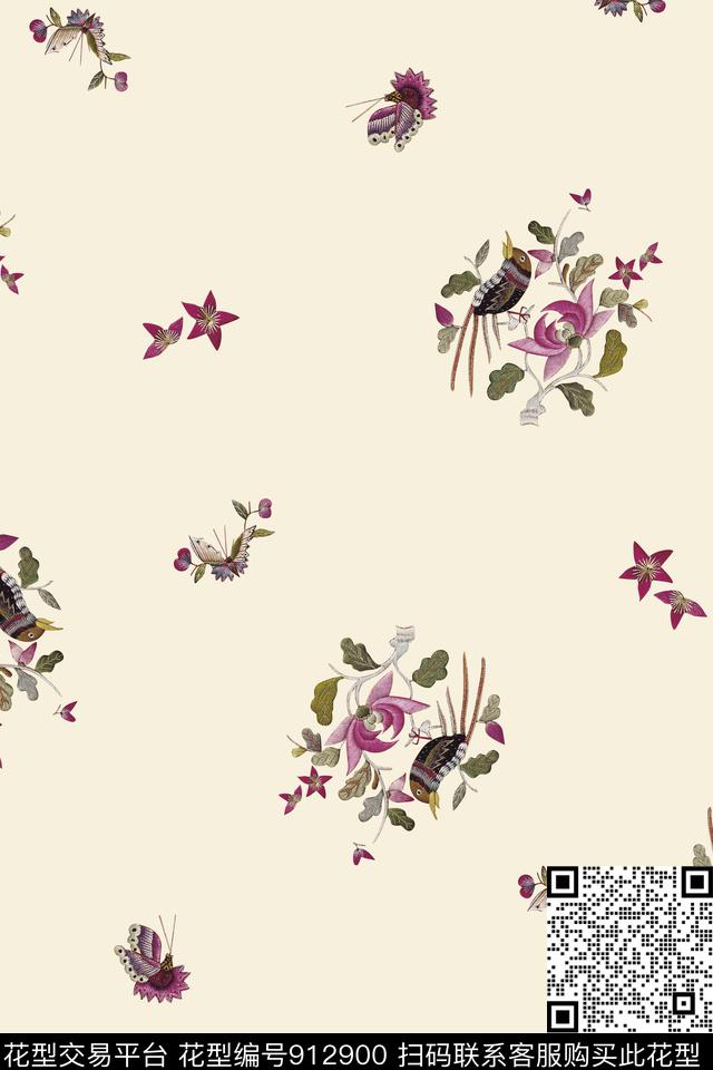 花卉蝴蝶小碎花数码印花华亿平台下载（图片编号: 912900） - 瓦栏（Walan）