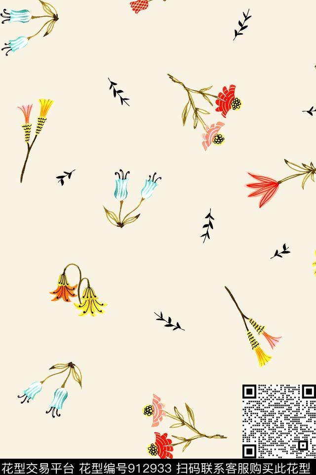 手绘花卉花卉枝叶数码印花华亿平台下载（图片编号: 912933） - 瓦栏（Walan）