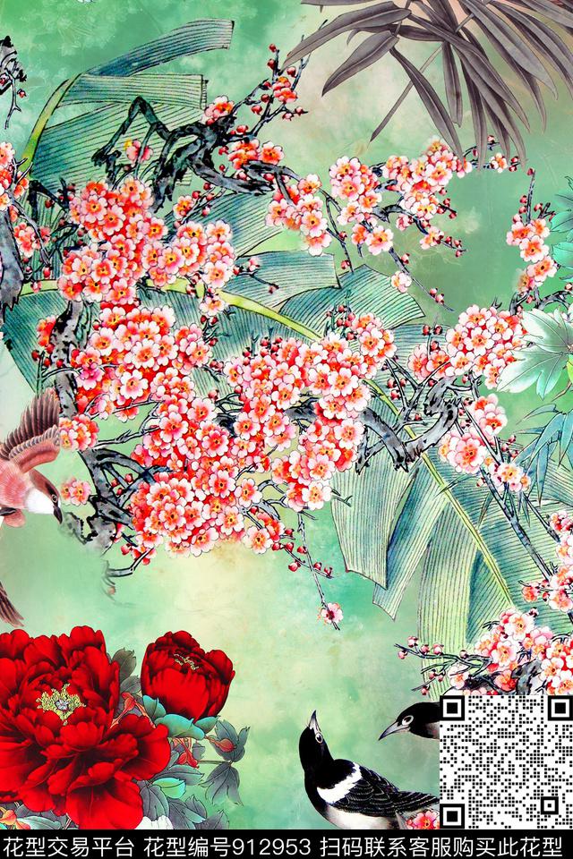 牡丹花卉中国风数码印花华亿平台下载（图片编号: 912953） - 瓦栏（Walan）