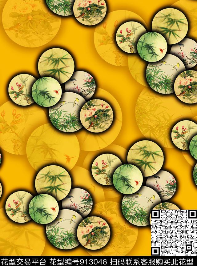 几何国画竹子数码印花华亿平台下载（图片编号: 913046） - 瓦栏（Walan）