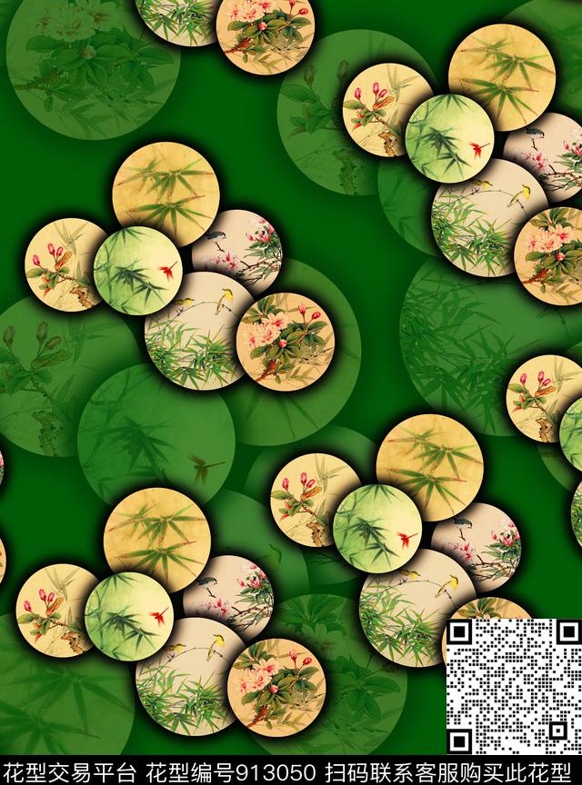 几何国画竹子数码印花华亿平台下载（图片编号: 913050） - 瓦栏（Walan）