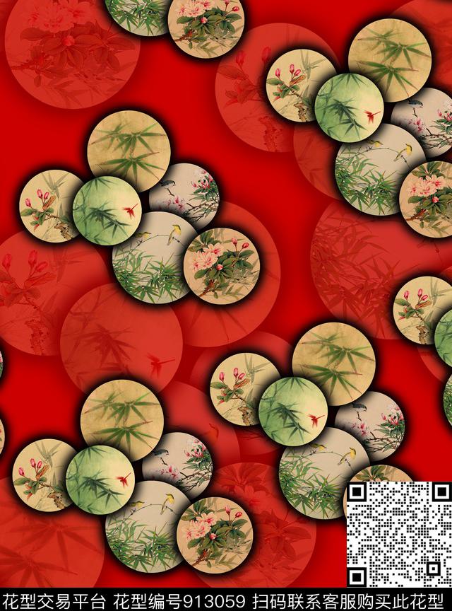 几何国画竹子数码印花华亿平台下载（图片编号: 913059） - 瓦栏（Walan）