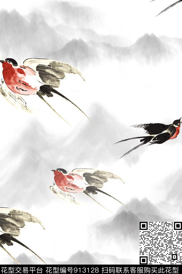 大牌风素雅水墨风数码印花华亿平台下载（图片编号: 913128） - 瓦栏（Walan）