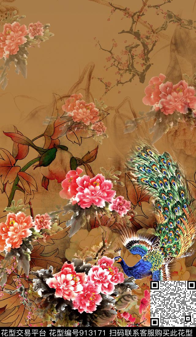 黑底花水彩花卉植物数码印花华亿平台下载（图片编号: 913171） - 瓦栏（Walan）