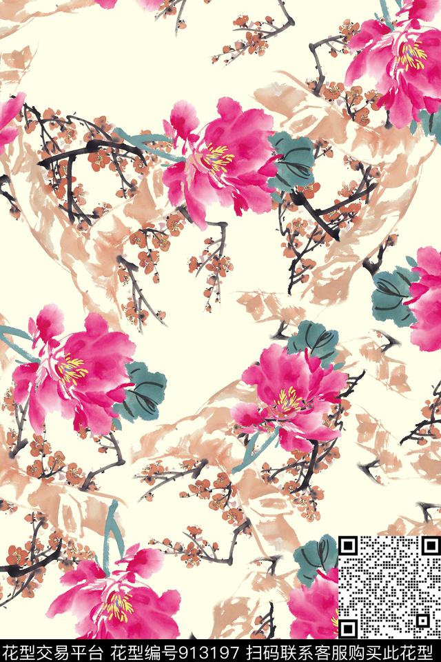 彩底花卉国画中国风数码印花华亿平台下载（图片编号: 913197） - 瓦栏（Walan）