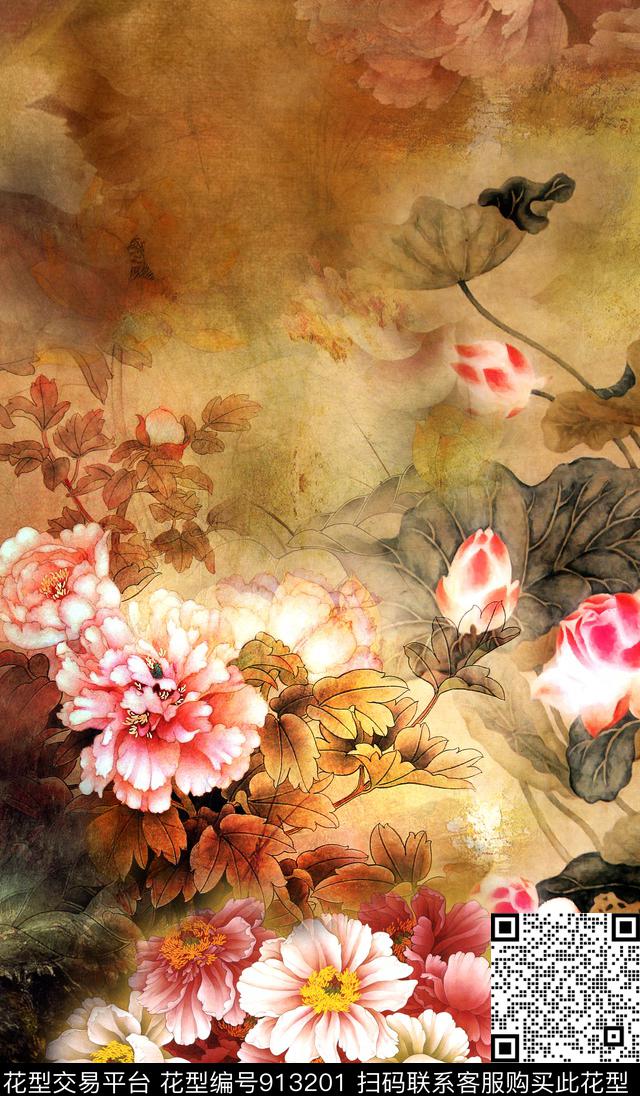 中国风定位花香云纱牡丹国画数码印花华亿平台下载（图片编号: 913201） - 瓦栏（Walan）