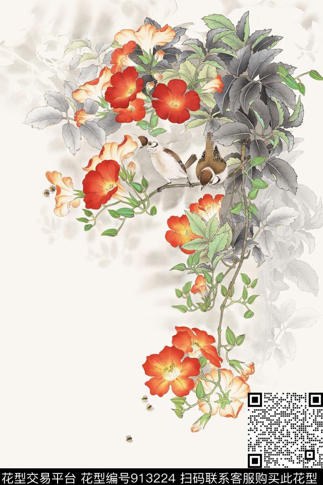 中国风定位花花卉国画数码印花华亿平台下载（图片编号: 913224） - 瓦栏（Walan）