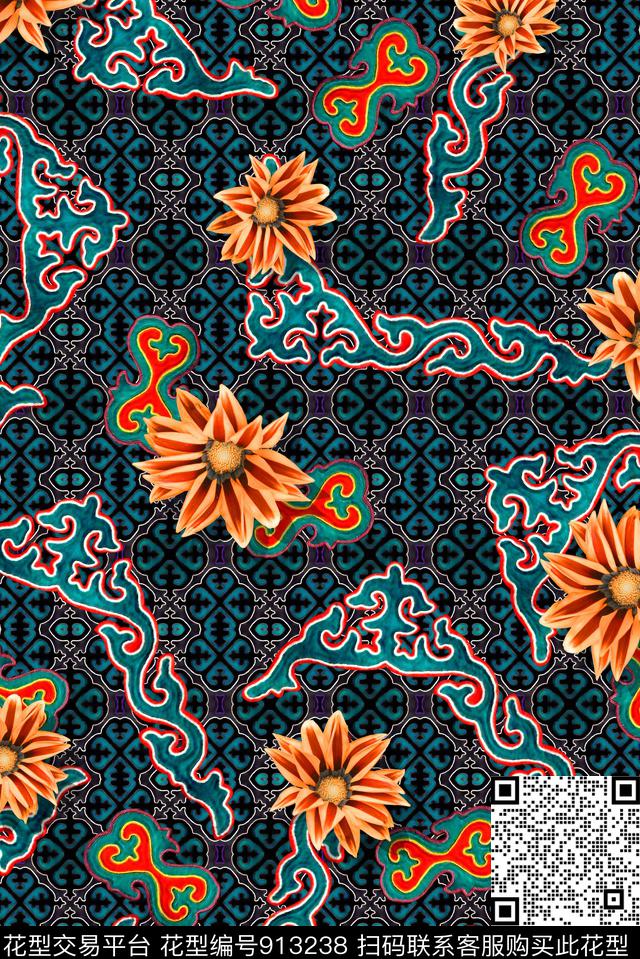 几何花卉民族风数码印花华亿平台下载（图片编号: 913238） - 瓦栏（Walan）